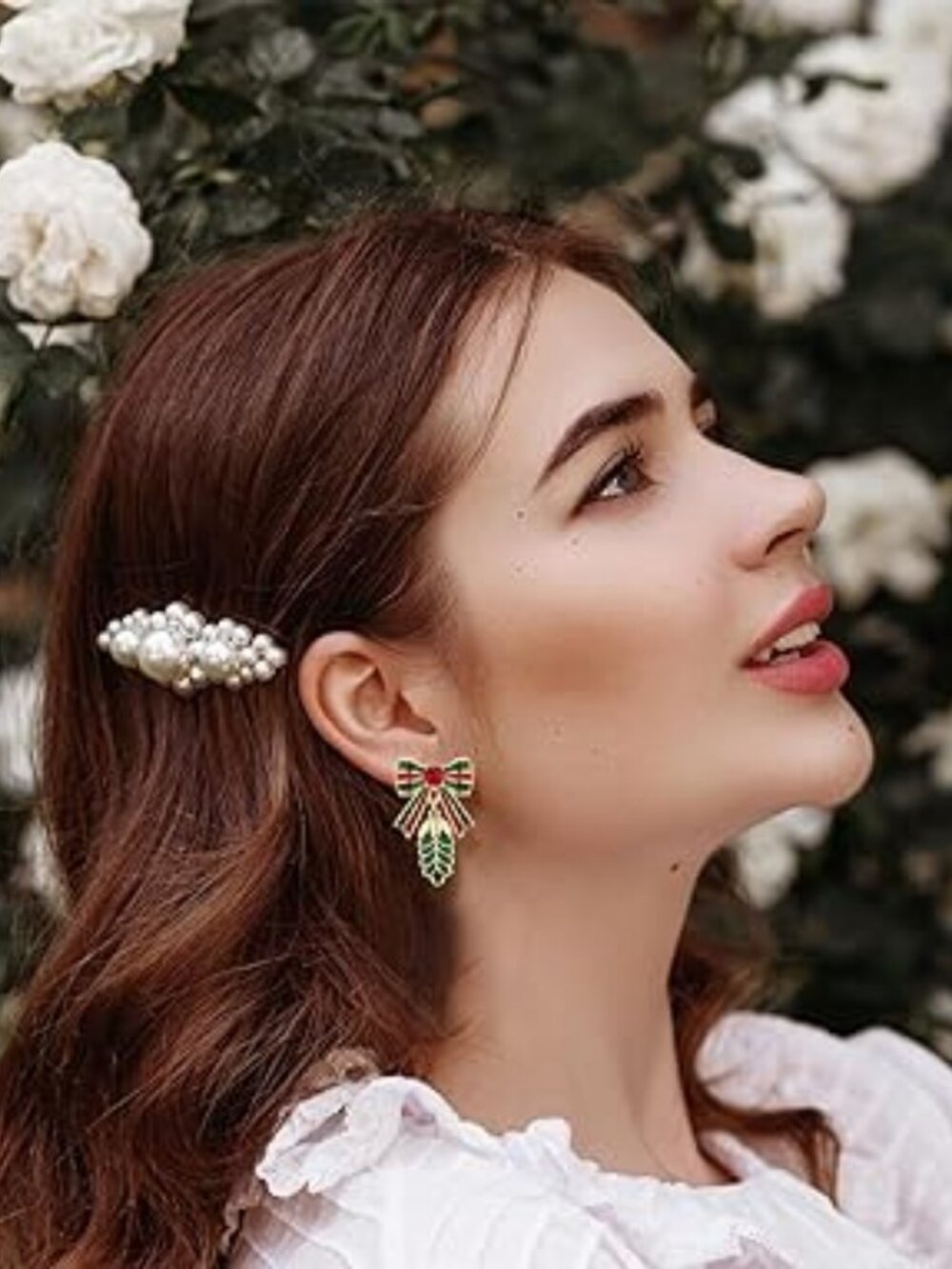 Christmas Bow & Pinecone Dangle Earrings | Festive Holiday Party Jewelry